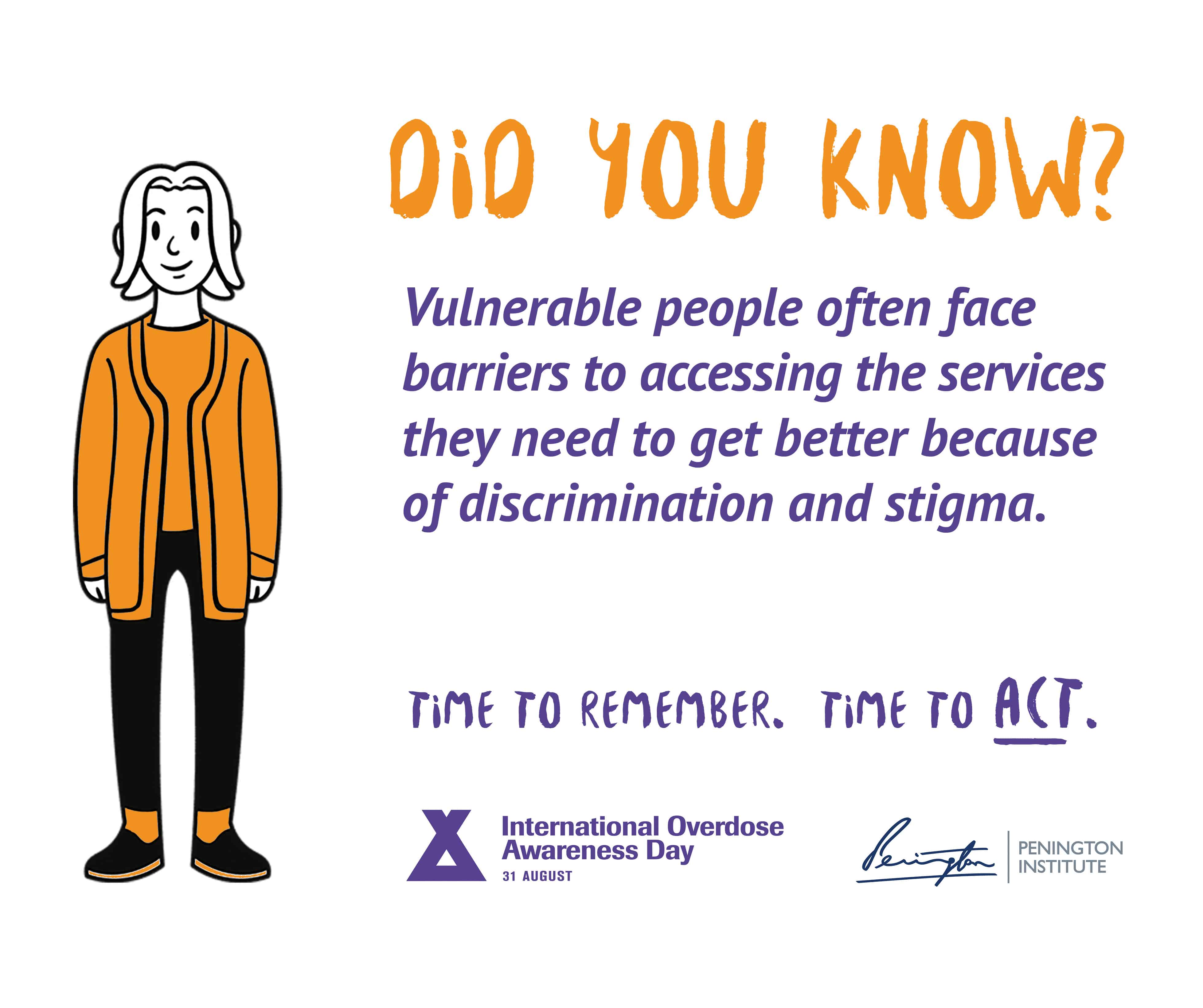 A graphic from International Overdose Awareness Day and the Penington Institute. Heading reads "DID YOU KNOW?" Text underneath reads: "Vulnerable people often face barriers to accessing the services they need to get better because of discrimination and stigma. Time to remember. Time to act." A drawing of a person in an orange jacket stands alongside.