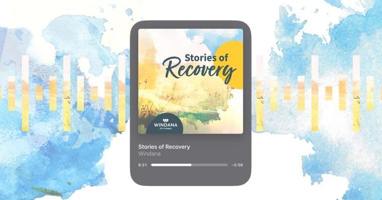 Stories of Recovery playing in phone podcast player, with decorative elements behind