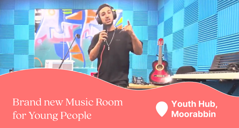 A person in a blue music studio holding a microphone and performing. Below is a coral coloured wave with text: "Brand new Music Room for Young People. Youth Hub, Moorabbin."